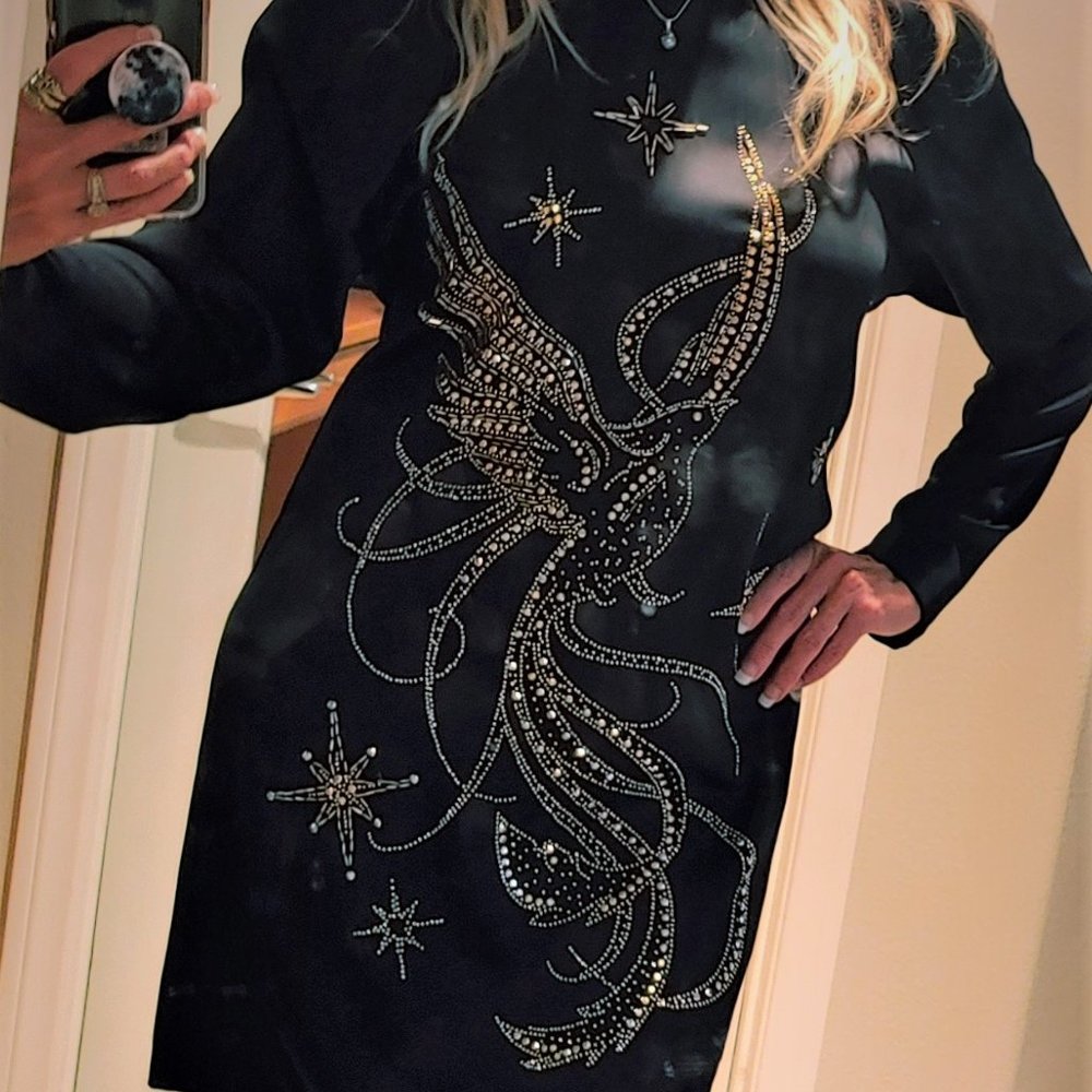 H&M Black, satin finish gold studded phoenix dress
